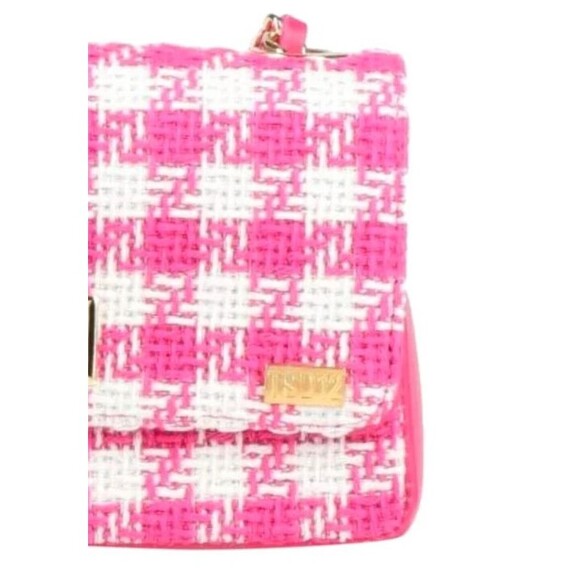 DESIGNER TSD12 PINK/WHITE CHECK FABRIC PRINT CHAIN DETAIL SMALL CROSSBODY BAG - Picture 8 of 13